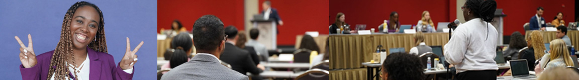 Collage of COSGP chair giving the victory sign and cosgp members at meetings