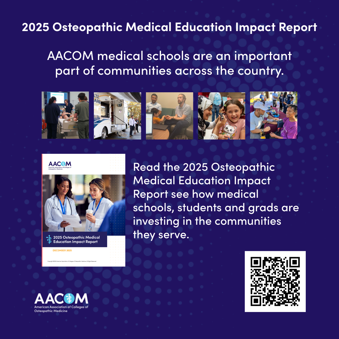 2025 AACOM OME Impact Report graphic with photos of community, report cover and QR code to read the report.